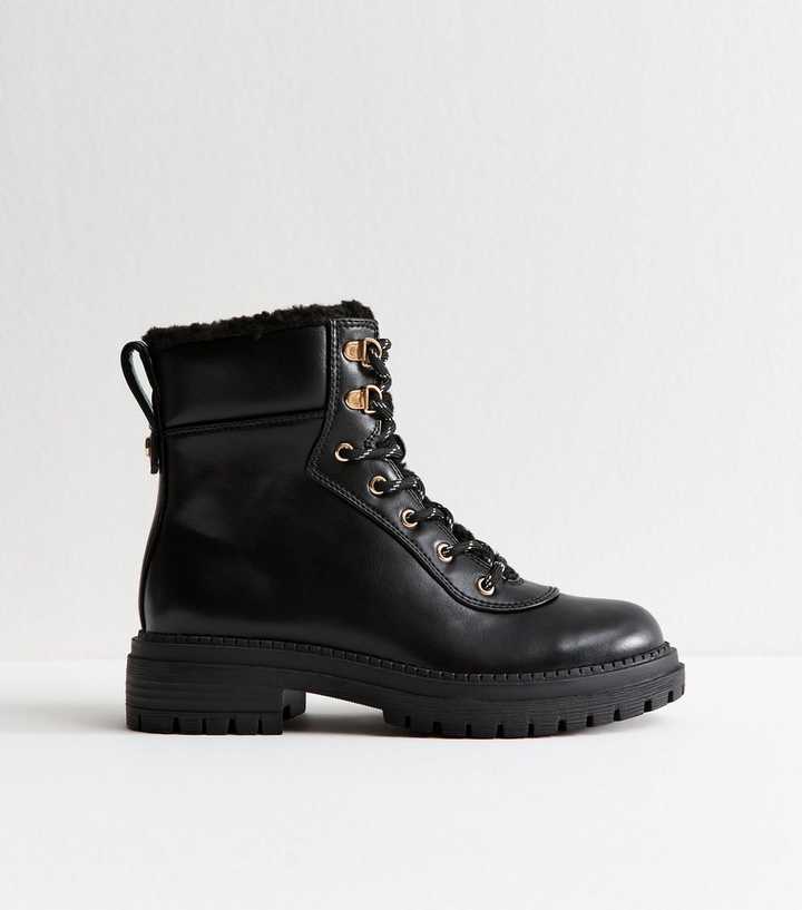 Black Faux Leather Lace Up Chunky Ankle Boots