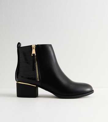 Black Faux Leather Block Heel Ankle Boots
