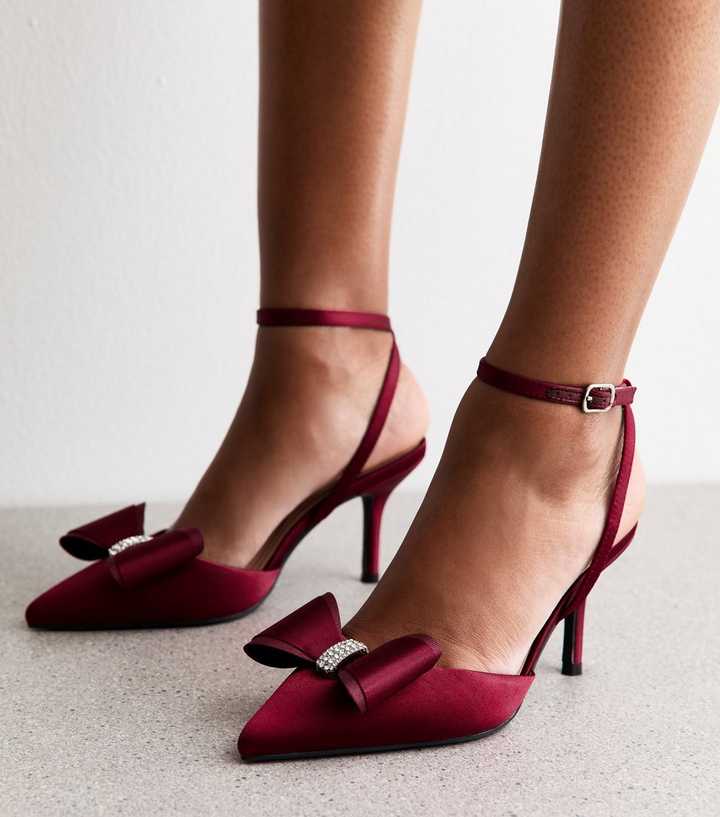 Light Burgundy Satin Bow Embellished Stiletto Heels