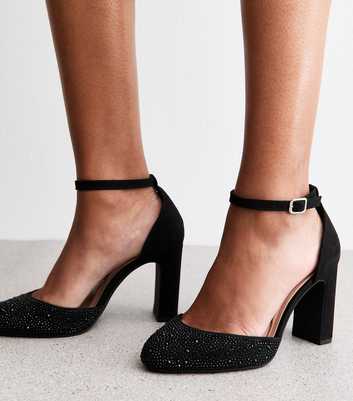 Wide Fit Black Faux Suede Gem Embellished Block Heels Sandals