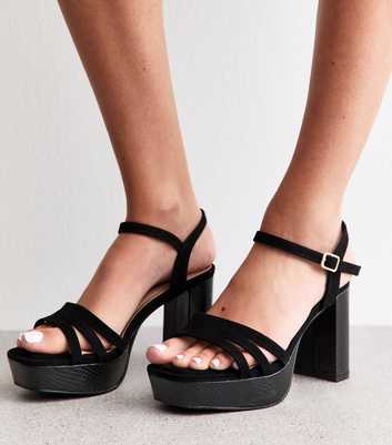 Wide Fit Black Faux Leather and Suede Platform Sandals