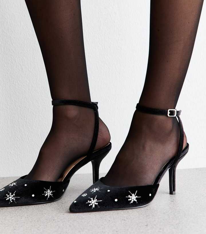 Wide Fit Black Velvet Star Embellished Heeled Pointed Toe Pumps