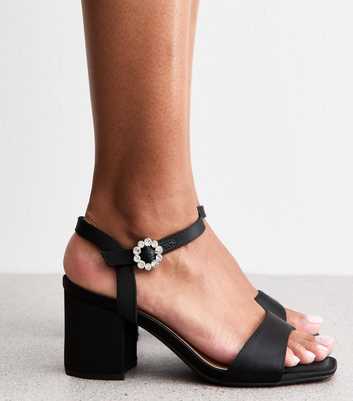 Wide Fit Black Satin Embellished Buckle Block Heel Sandals