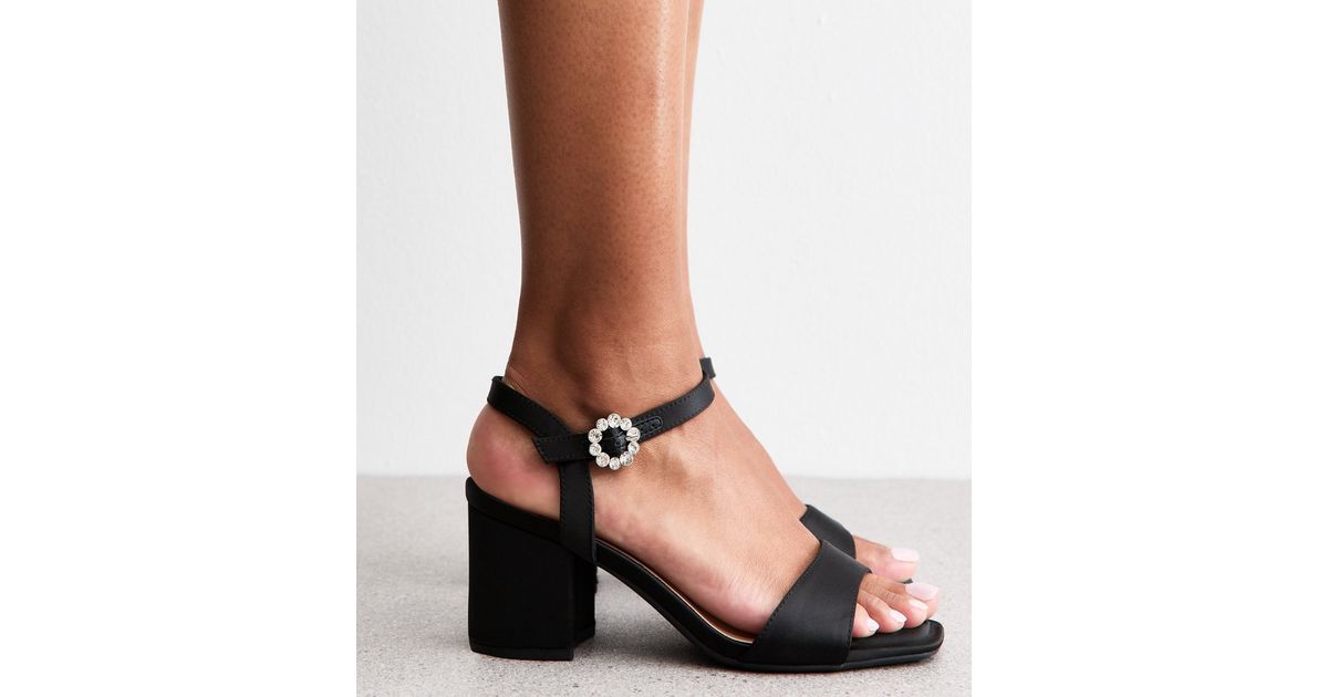 Wide Fit Black Satin Embellished Buckle Block Heel Sandals | New Look