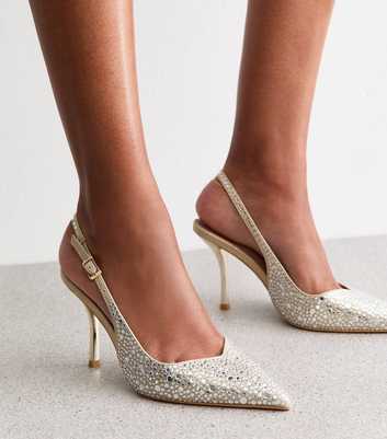 Gold Embellished Faux Leather Slingback Court Shoes