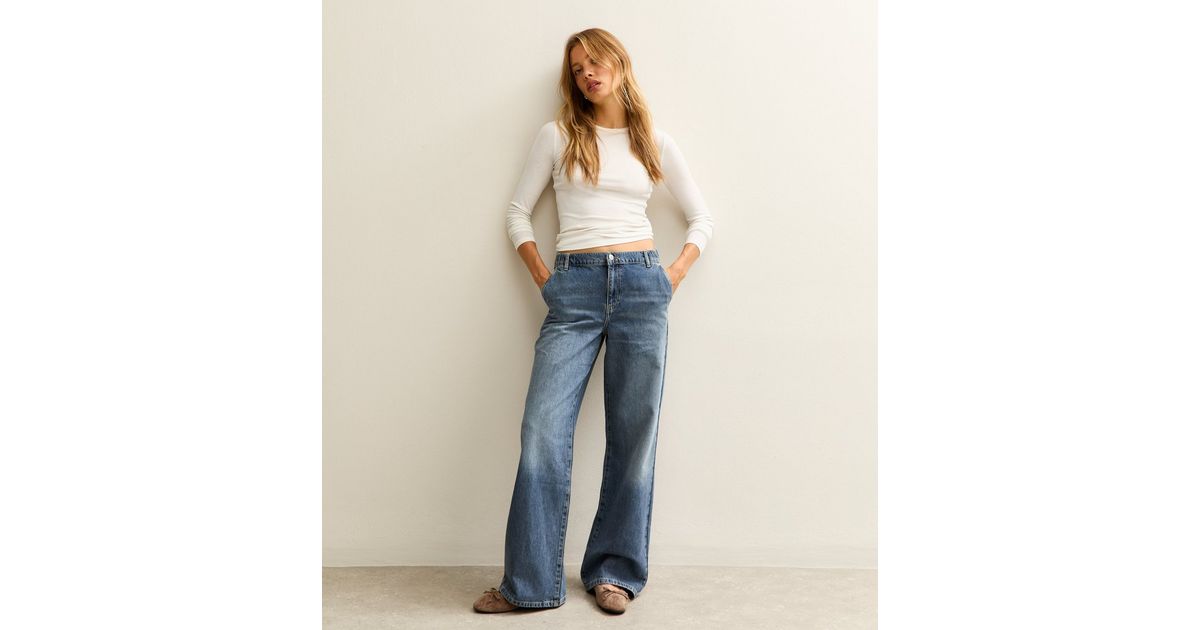Blue Mid-Rise Elasticated Waist Wide Leg Jeans | New Look