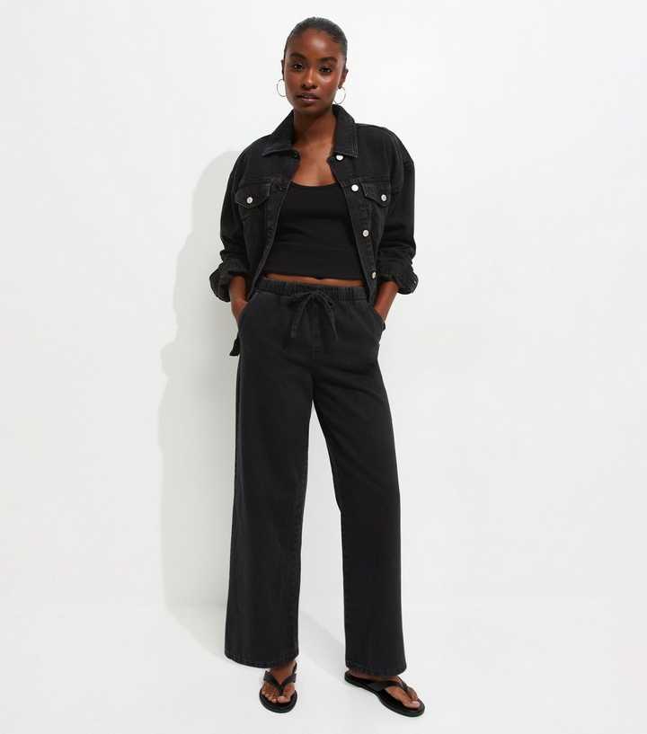 Black Denim Drawstring Waist Wide Leg Jeans