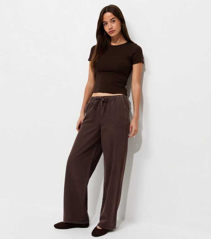 Dark Brown Denim Wide Leg Drawstring Waist Jeans