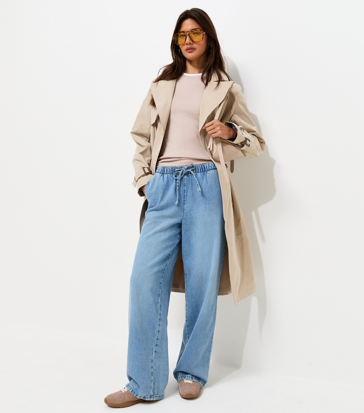 Women's Light Blue Denim Wide Leg Drawstring Waist Jeans New Look