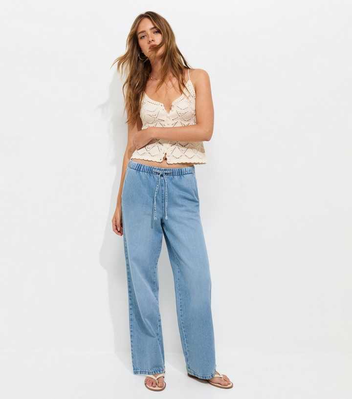 Light Blue Denim Wide Leg Drawstring Waist Jeans