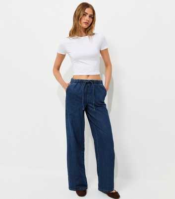 Blue Denim Wide Leg Drawstring Waist Jeans
