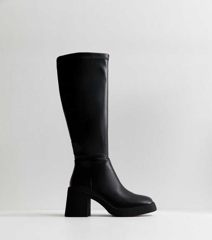 Slim Calf Fit Faux Leather Black Stretch Chunky Boots