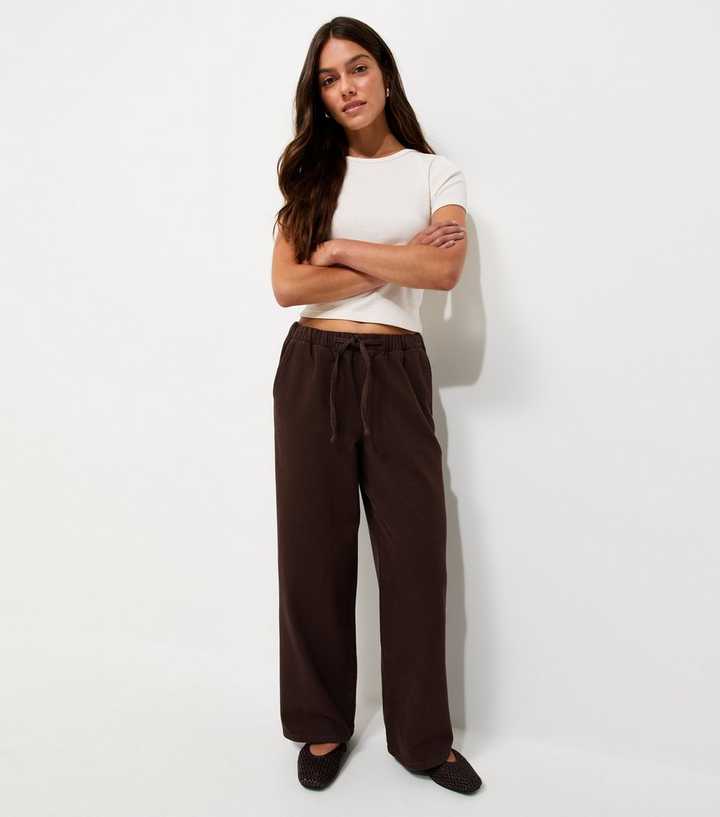 Petite Dark Brown Pull On Wide Leg Jeans