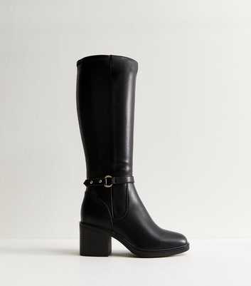 Wide Fit Black Faux Leather Block Heel Knee High Boots.