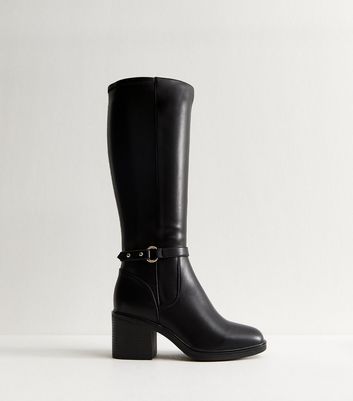 Wide Fit Black Faux Leather Block Heel Knee High New Look