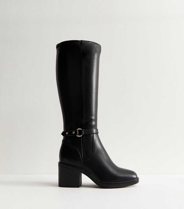 Wide Fit Black Faux Leather Block Heel Knee High Boots. | New Look