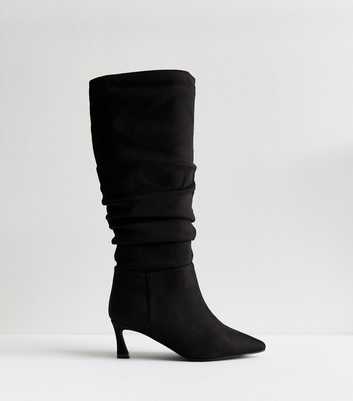 Wide Fit Black Faux Suede Ruched Knee High Boots