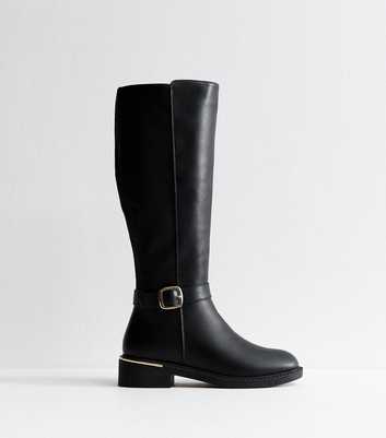 Black Faux Leather Riding Knee High Boots