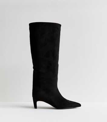 Black Faux Suede Low Stiletto Heel Knee High Boots