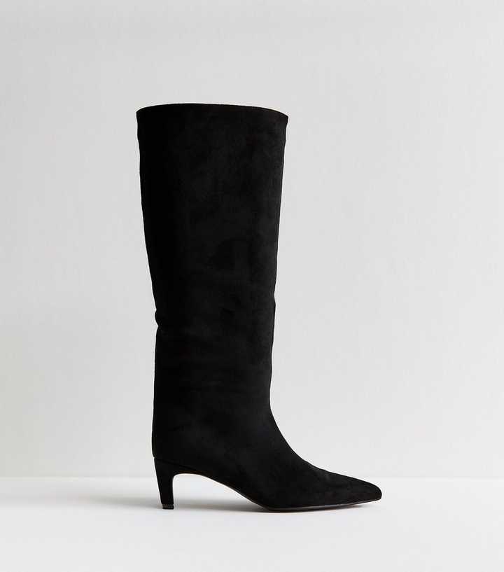 Black Faux Suede Low Stiletto Heel Knee High Boots