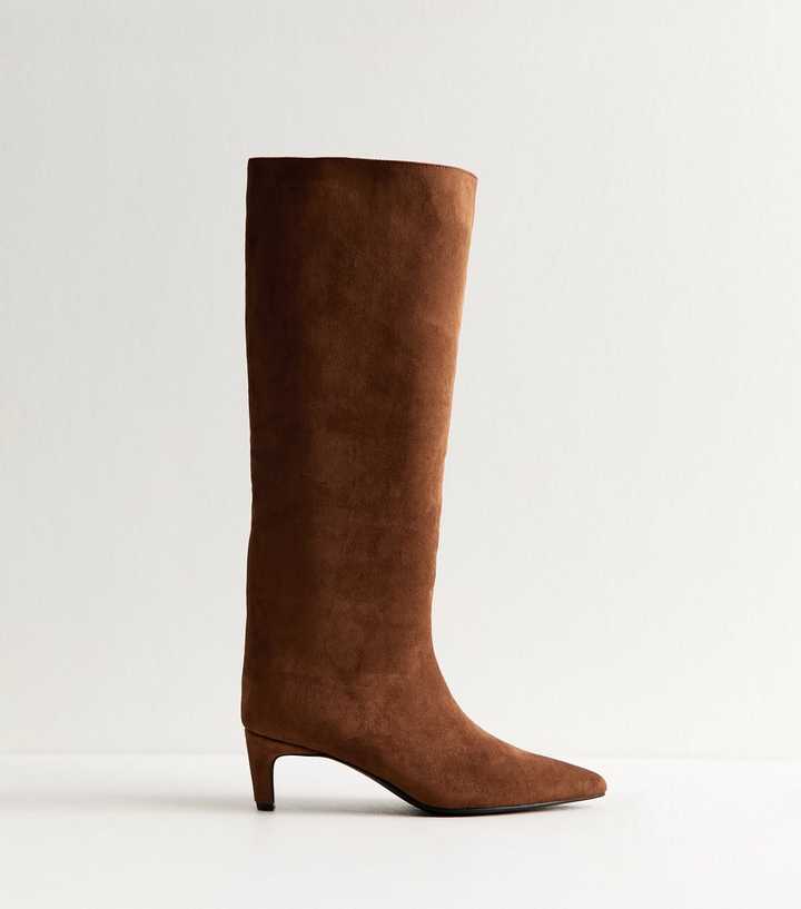 Rust Faux Suede Low Stiletto Heel Knee High Boots