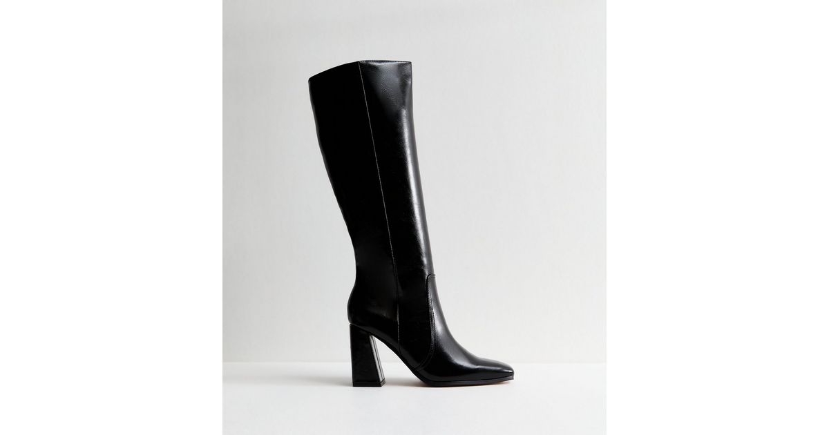 Slim Calf Fit Black Faux Leather Knee High Boots | New Look