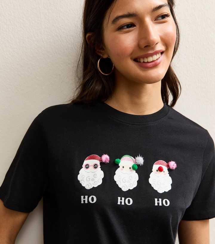 Black Pom Pom Santa Print T-Shirt