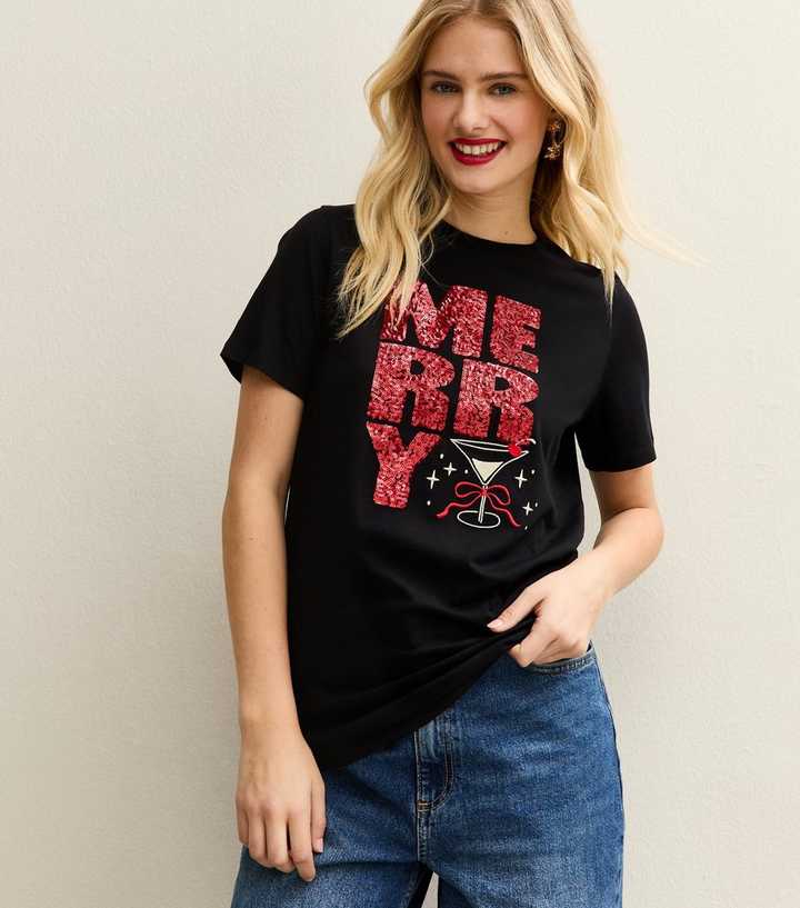 Black Sequinned Merry Logo T-Shirt