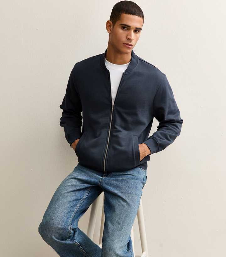 Navy Relaxed Zip Through Jersey Bomber Jacket