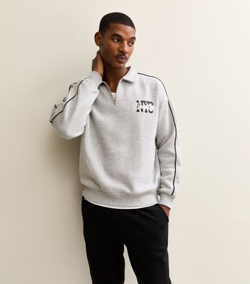 Grey Marl Relaxed Brooklyn Logo Quarter Zip Sweatshirt | New Look
