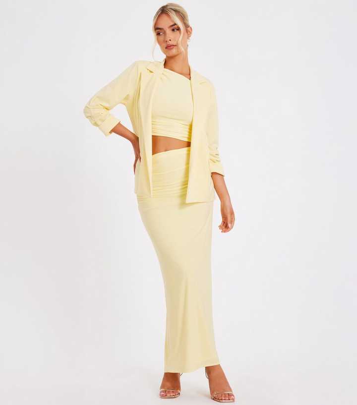 QUIZ Petite Light Yellow Ruched Sleeve Crepe Blazer New Look