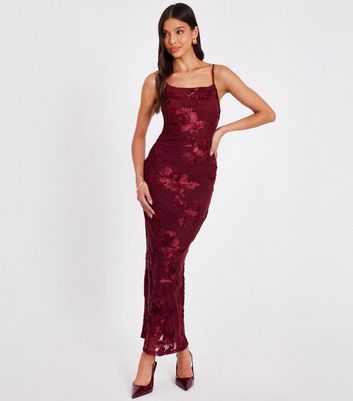 QUIZ Dark Red Floral Embroidered Maxi Dress