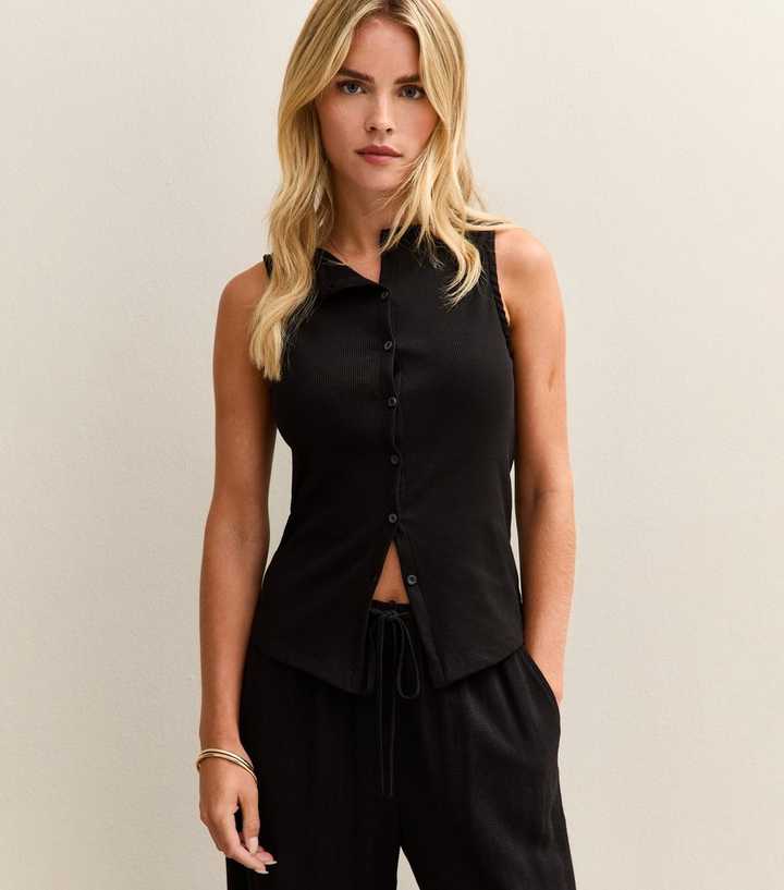 Petite  Black Button Up Vest