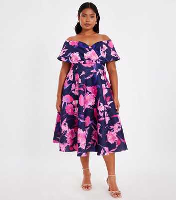 QUIZ Curve Navy Bardot Floral Skater Dress