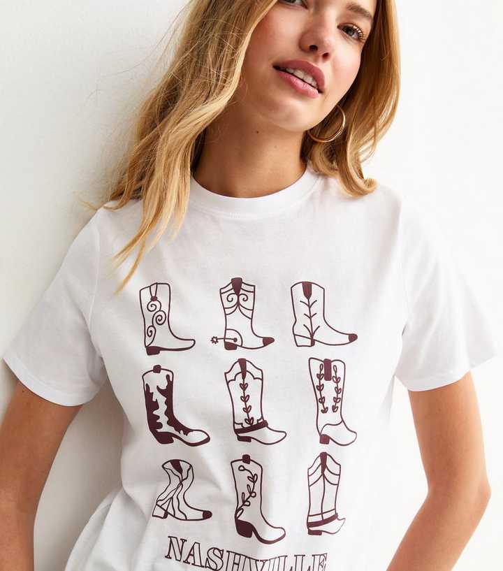 White Cowboy Boot Print T-Shirt