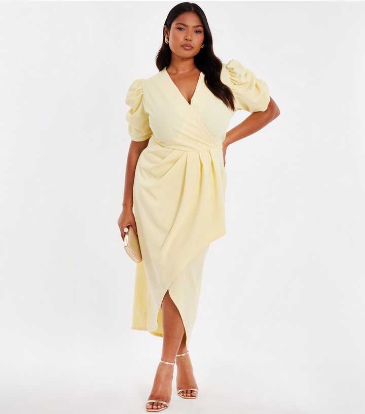 QUIZ Curve Light Yellow Wrap Midi Dress