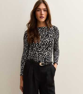 Black Ribbed Jersey Pattern Print Long Sleeve Top