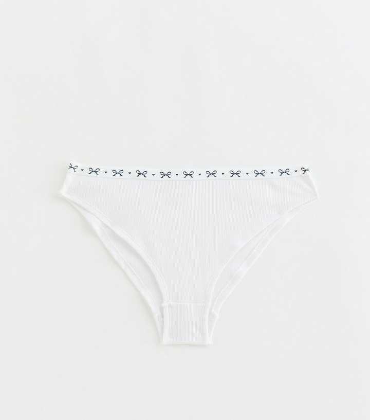 Girls White and Navy Bow Print Trim Briefs