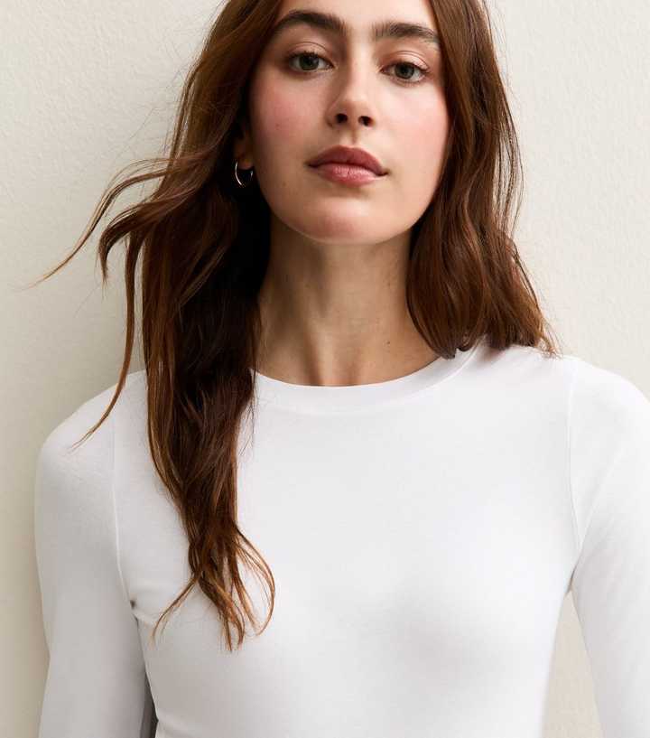 White Stretch Crew Neck Long Sleeve Bodysuit