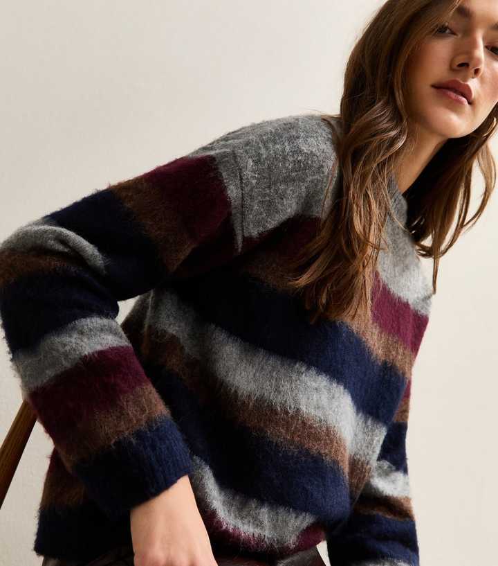 Grey Striped Brushed Crew Neck Jumper