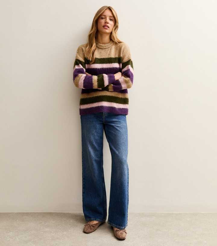 Brown Striped Brushed Crew Neck Jumper New Look