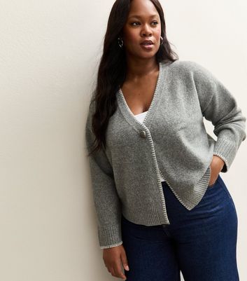 Curves Mid Grey Blanket Stitch V-Neck Cardigan | New Look