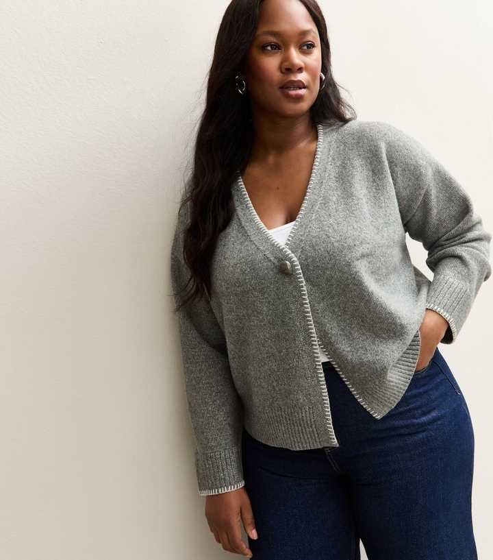 Curves Mid Grey Blanket Stitch V-Neck Cardigan