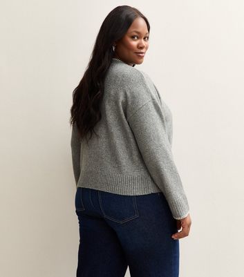 Curves Mid Grey Blanket Stitch V-Neck Cardigan | New Look