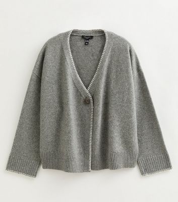 Curves Mid Grey Blanket Stitch V-Neck Cardigan | New Look