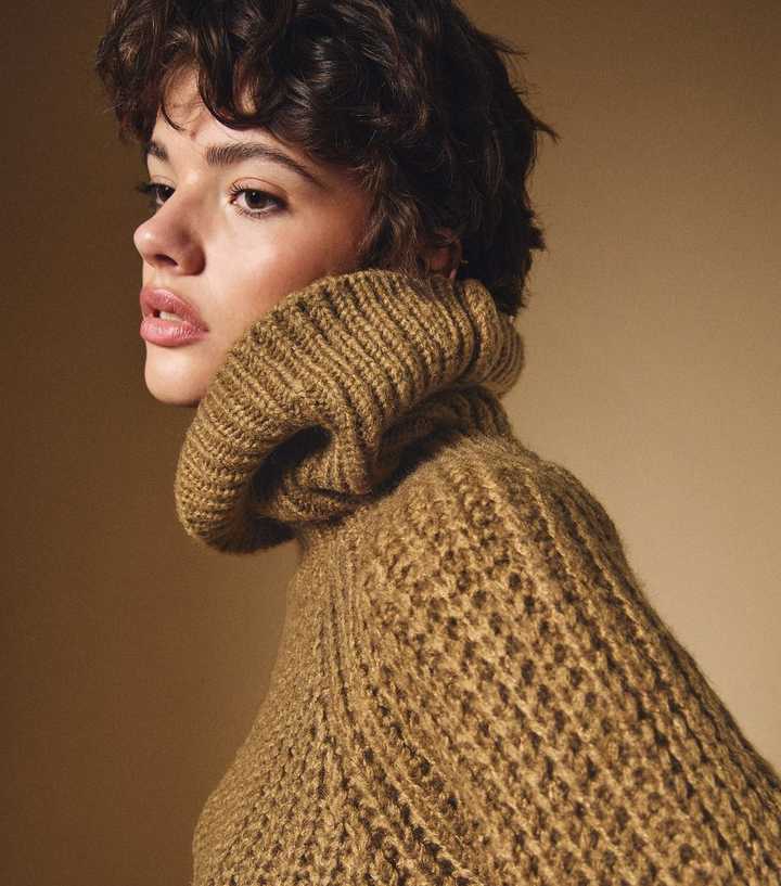 Light Khaki Chunky Roll Neck Jumper