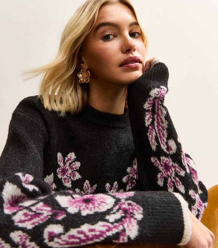 Black Floral High Neck Jumper