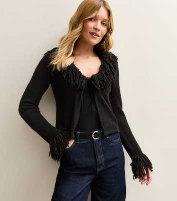 Black Tie Front Fringe Cardigan
