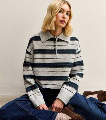 Grey Striped Knit Polo Jumper