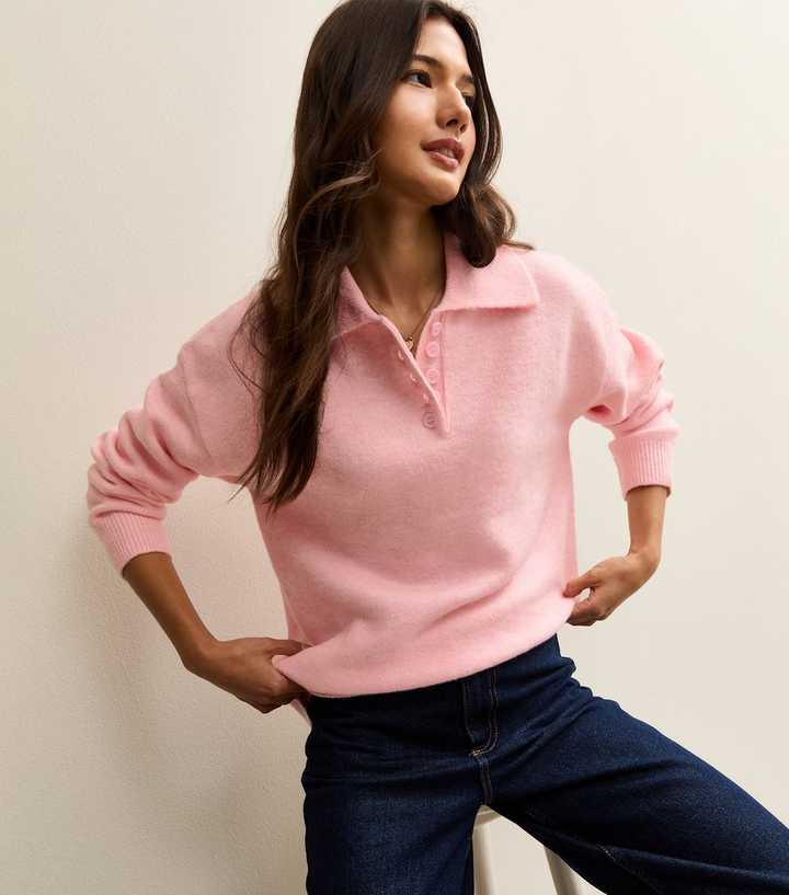 Light Pink Brushed Knit Longline Polo Shirt